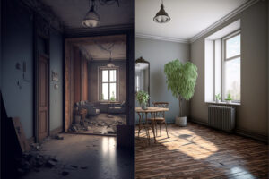 Conceito de remodelação de apartamento, ilustrado por uma foto de um lindo apartamento remodelado.